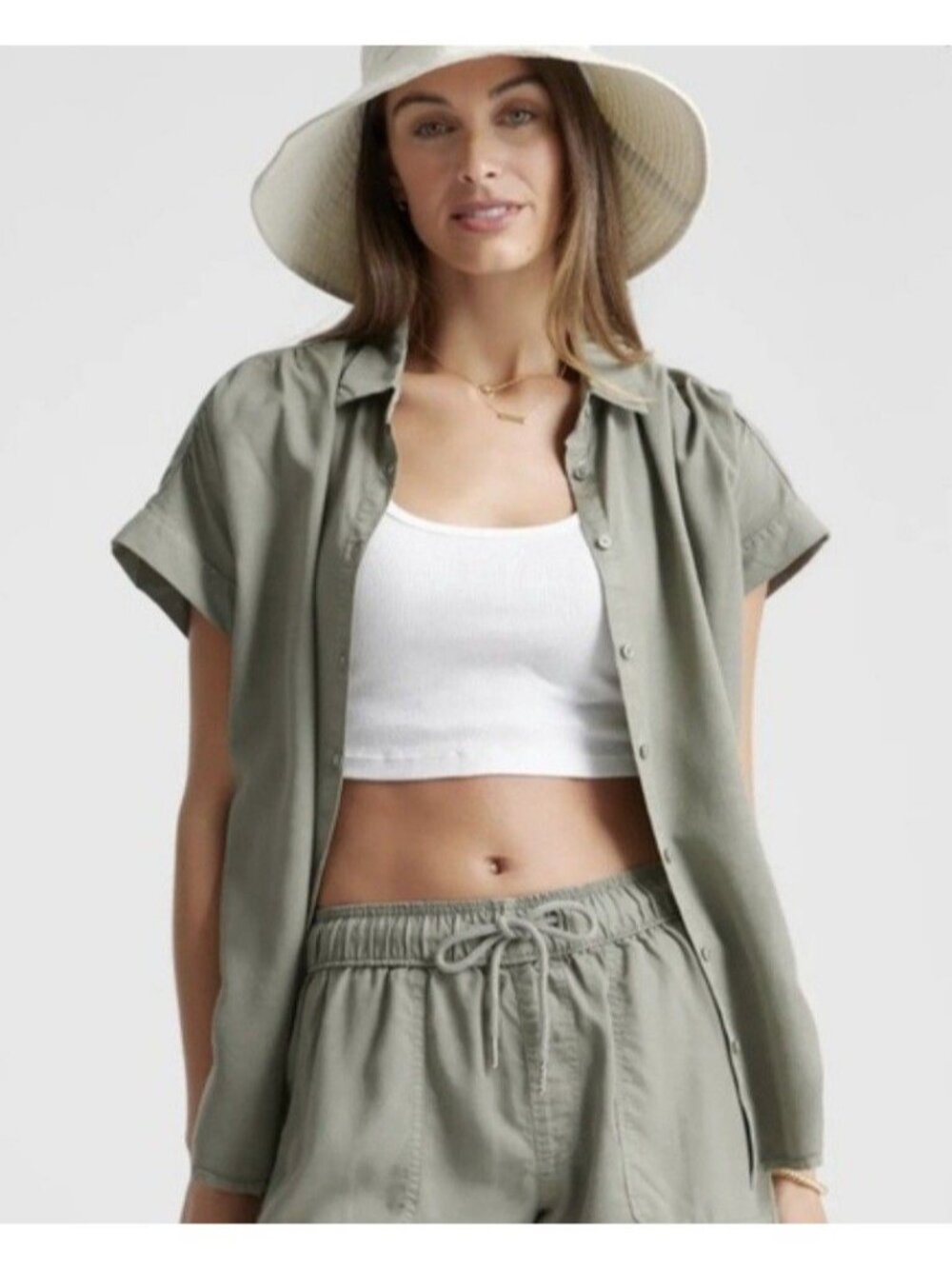 Quince Vintage Wash Camp Shirt Olive Women S Short Sleeve Boxy Oversize Preppy